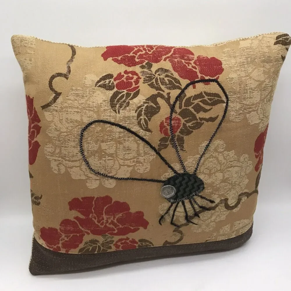 Vintage Handcrafted Tapestry Floral Bug 15 inch Throw Pillow Cottagecore Down